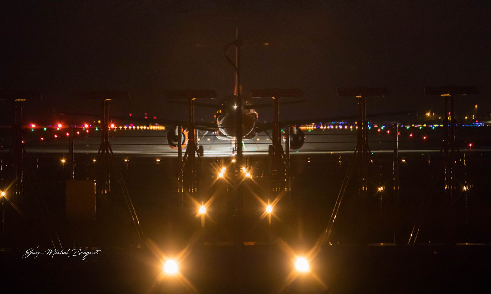 Runway lights at night from the PC-12 cockpit
